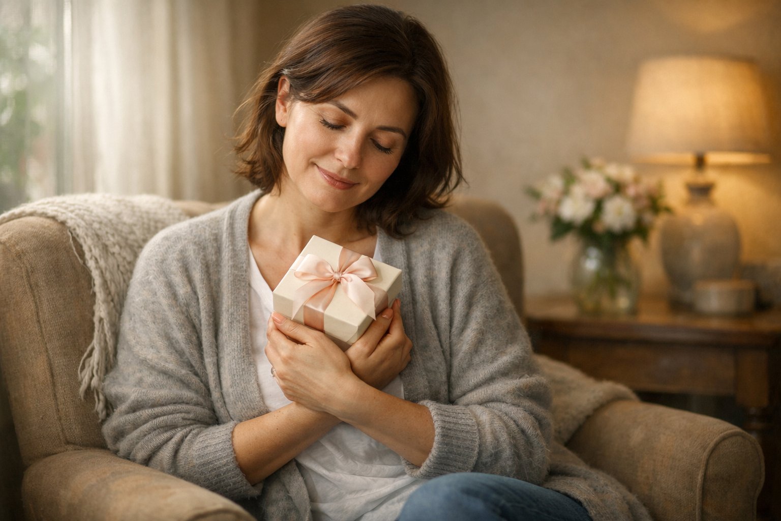 A quiet mom sitting in a cozy living room holding a small wrapped gift close to her chest, surrounded by warm home decor.