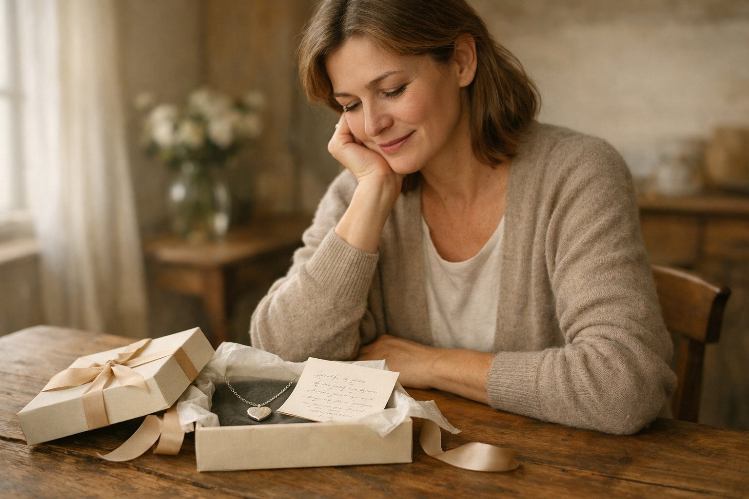 A calm mother sitting at a wooden table in a softly lit room, thoughtfully unwrapping a small, elegant gift.