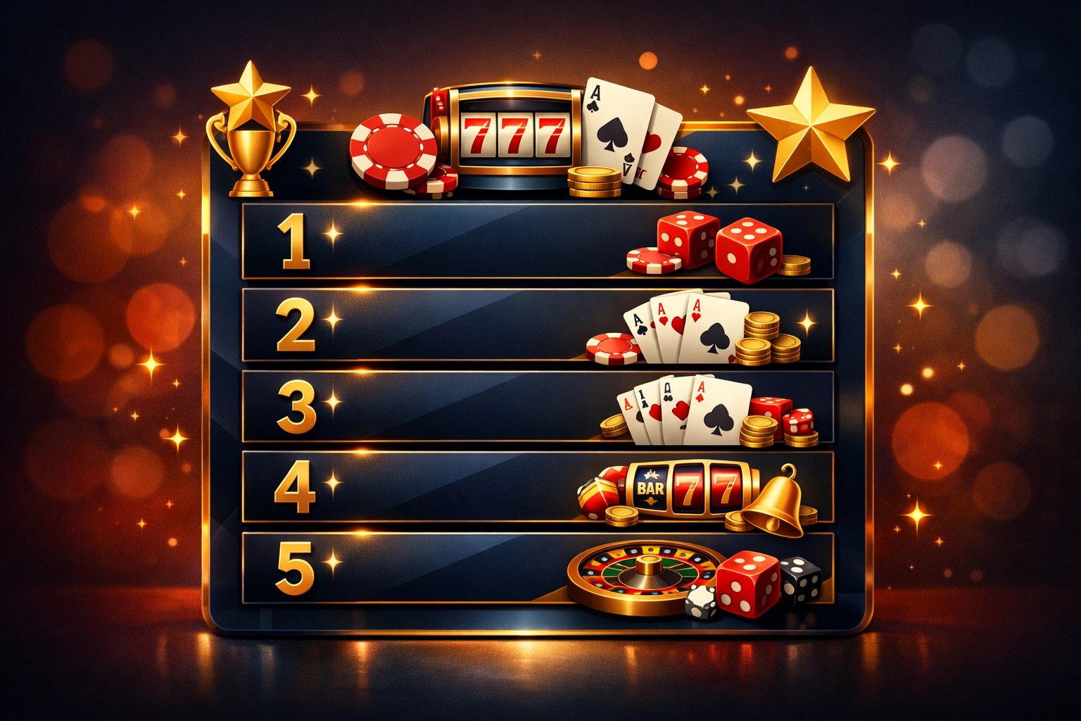 A Ranking Board Showing Top Five CasinoThemed Items Like Poker Chips, Cards, Slot Machines, And Dice With Stars And Trophies Around It.