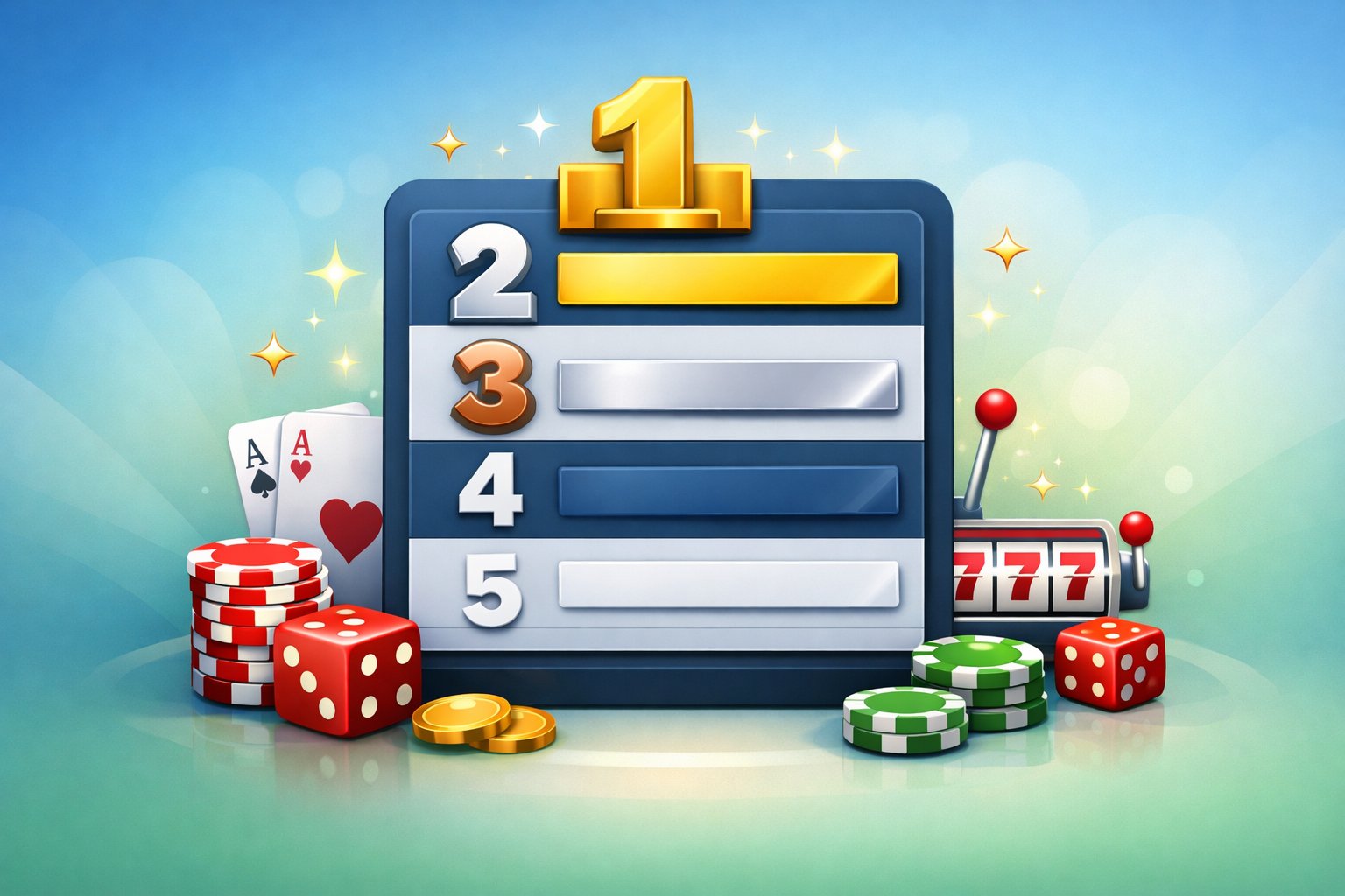 An Illustration Of A Casino Leaderboard Showing Top Rankings With Poker Chips, Playing Cards, And Dice Around It.