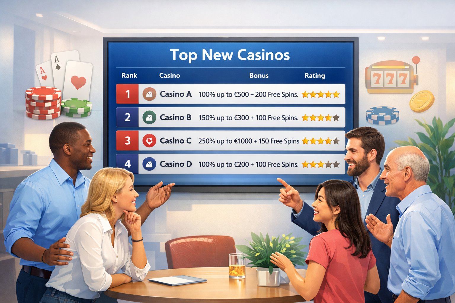 A Diverse Group Of Adults Gathered Around A Digital Leaderboard Showing Top New Casinos, Discussing And Pointing At It With Casino Elements In The Background.