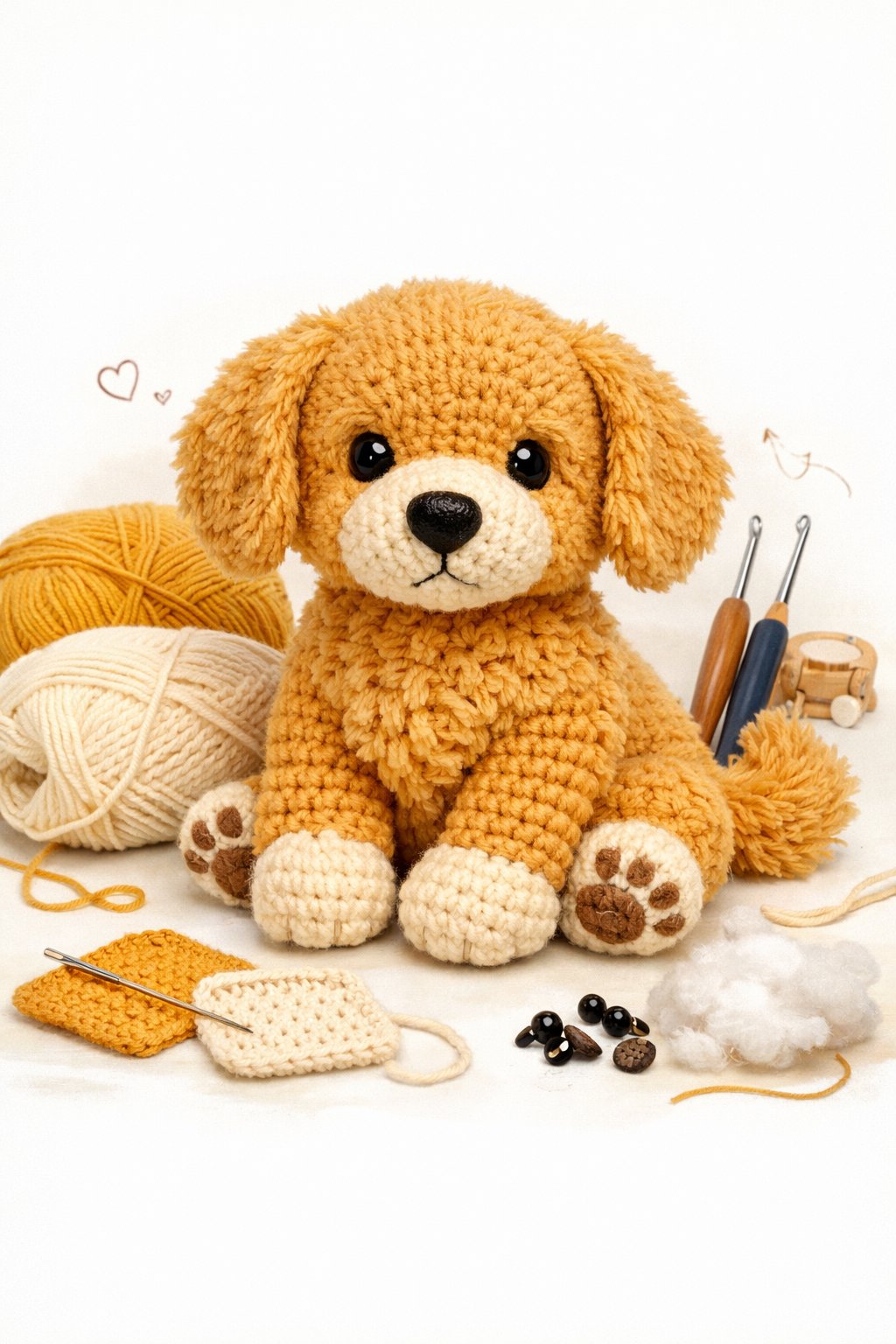A fluffy golden retriever plush toy made from crochet sitting among yarn and crochet hooks.