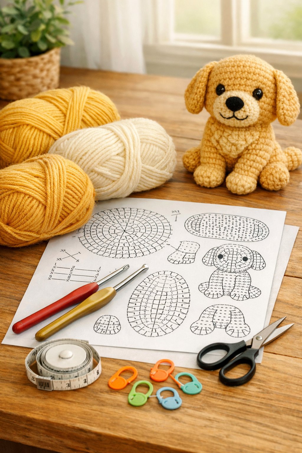 A workspace with yarn, crochet hooks, a crochet pattern sheet, and a partially completed golden retriever crochet figure.