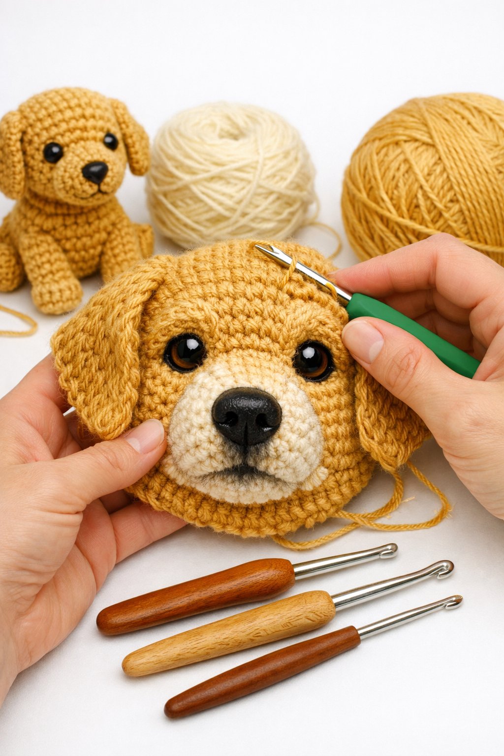 Hands crocheting a realistic golden retriever's face with yarn and crochet tools nearby.