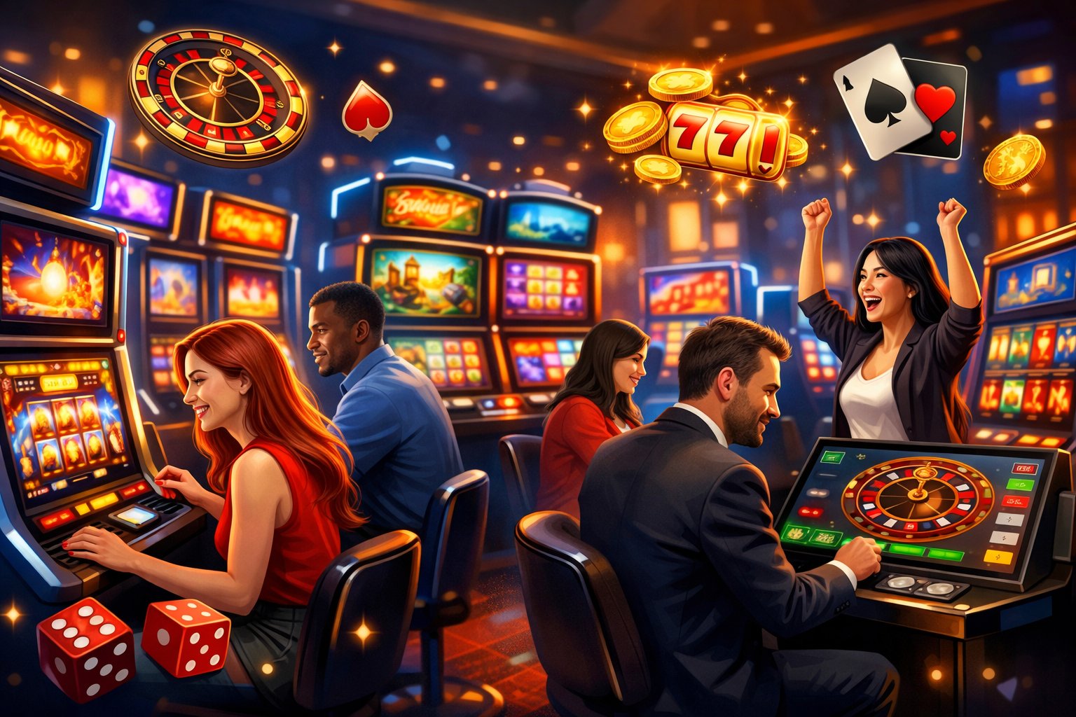 A Casino Floor With People Playing Colorful Slot Machines And Digital Games Surrounded By Icons Representing Different Casino Games.