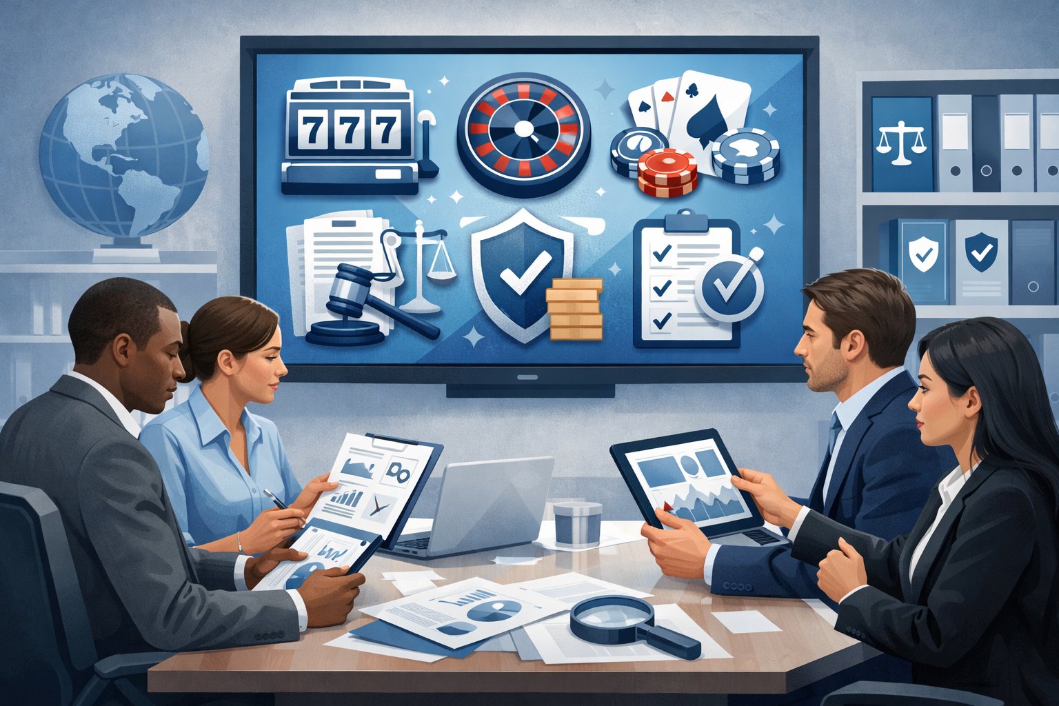 A Group Of Business Professionals In An Office Reviewing Charts And Digital Screens Related To Casino Game Licensing And Compliance.