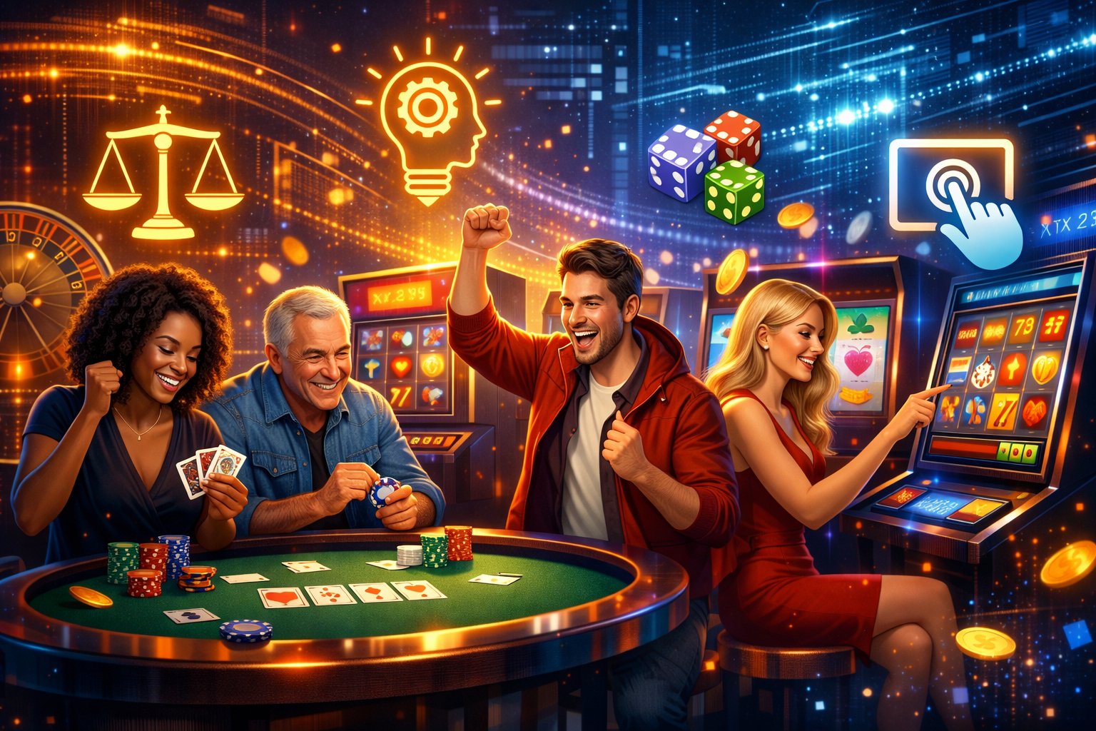 A Casino Scene With Diverse Players Enjoying Digital Slot Machines And Card Games Surrounded By Icons Representing Gaming Benefits.