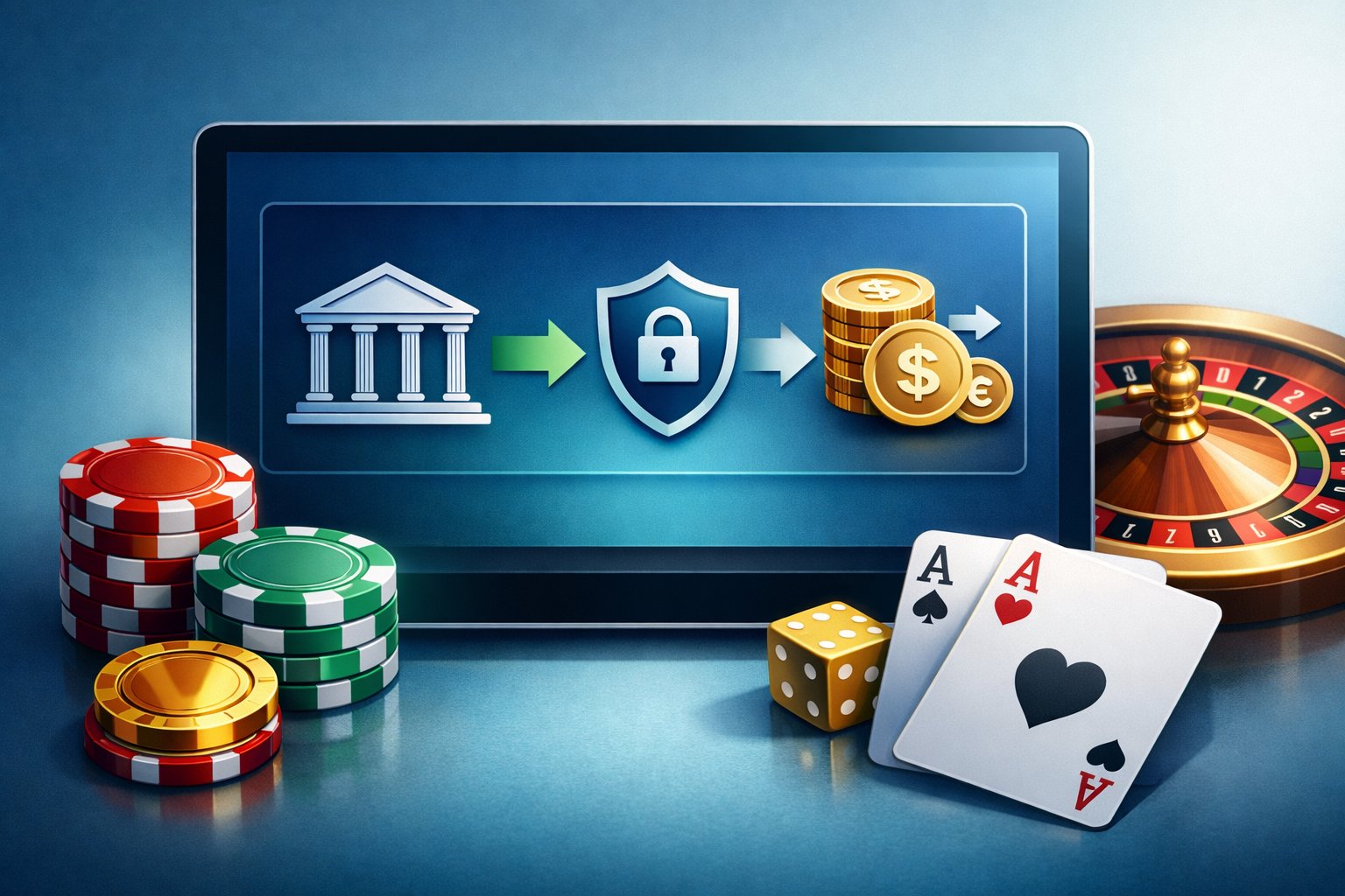 A Digital Device Displaying A Secure Bank Transfer Interface Next To Poker Chips, Playing Cards, And A Roulette Wheel, Representing A Casino Payment Method Using Ach Transfer.