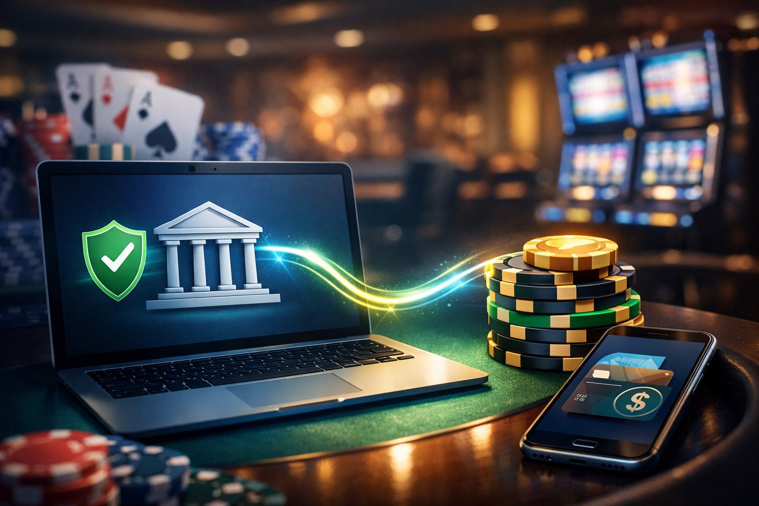 A Digital Illustration Showing A Bank Building Icon Connected By A Glowing Line To Casino Chips, Representing Secure Money Transfer In A Casino Setting.
