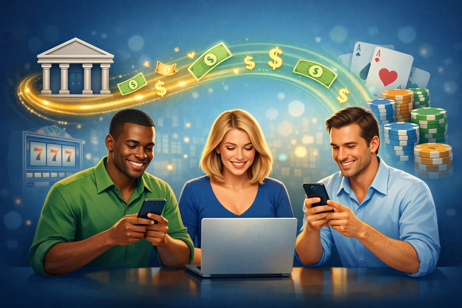 A Group Of Diverse Casino Players Using Digital Devices With Casino Elements And A Flow Of Money From A Bank Icon To The Devices, Illustrating Secure Online Payments.