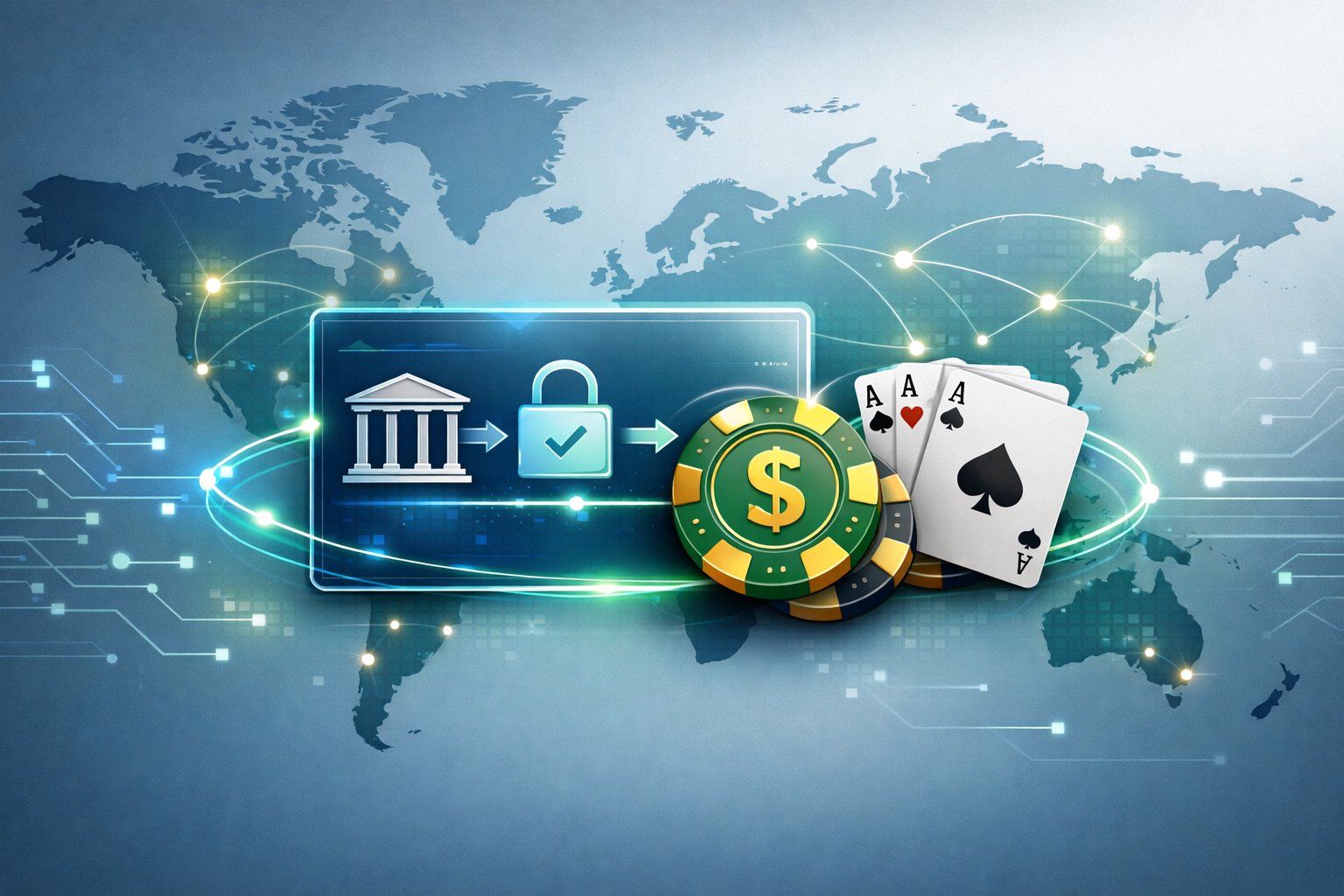 Illustration Showing A Secure Bank Transaction Connected To Casino Chips And Playing Cards With A World Map In The Background Highlighting Global Connections.