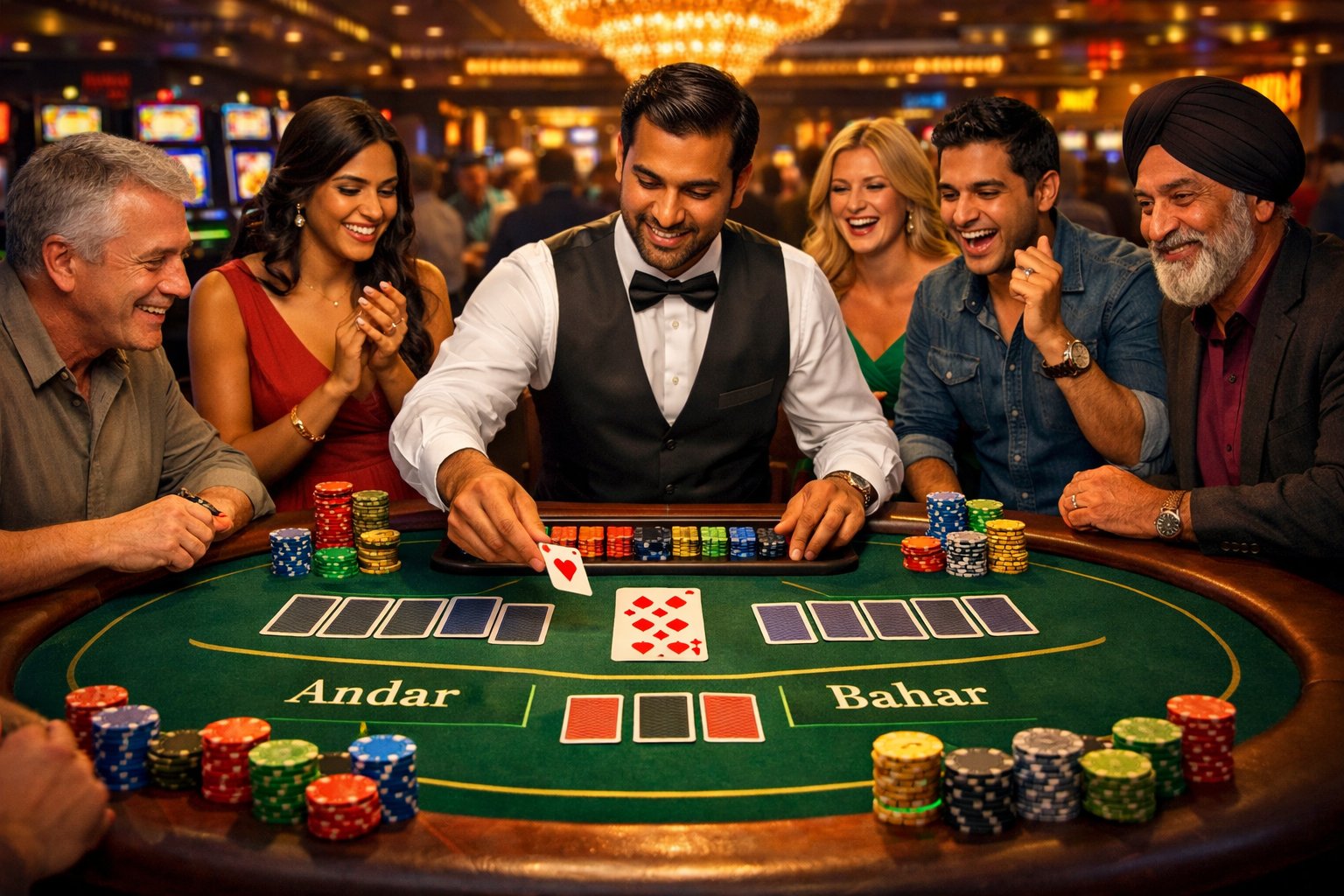 A Casino Table Where A Dealer Is Dealing Cards To A Group Of Engaged Players Playing The Andar Bahar Card Game.