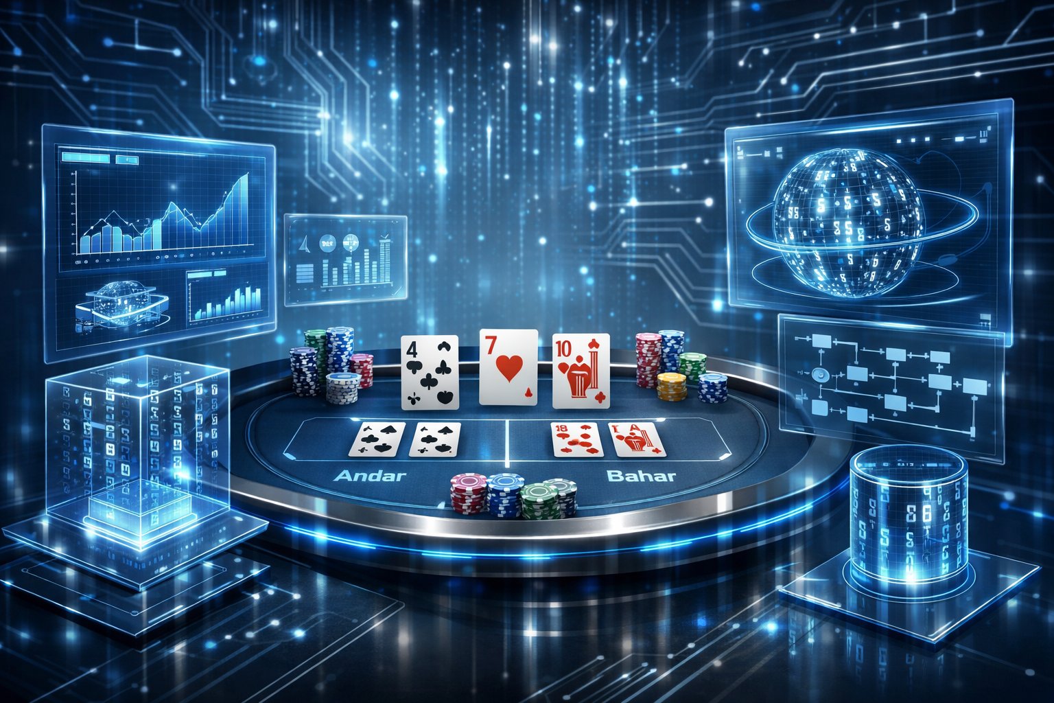 A Modern Casino Game Table With Virtual Cards And Chips, Surrounded By Holographic Screens Showing Game Data And Technology Visuals.