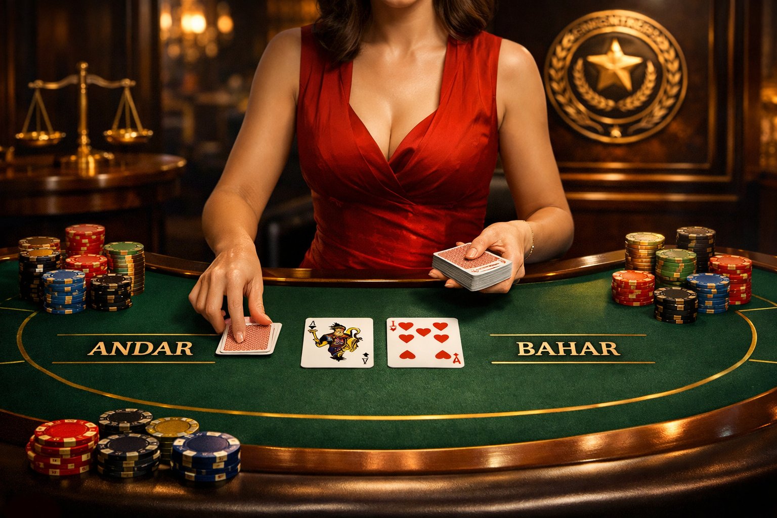 A Casino Table With A Dealer Handling Cards And Chips, Surrounded By Symbols Representing Fairness And Licensing.