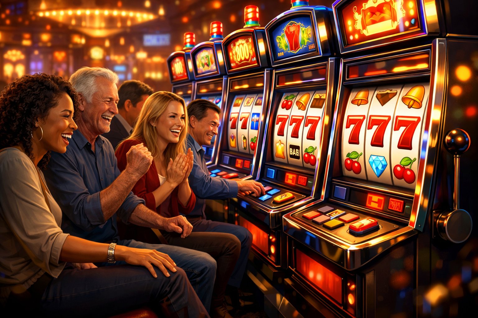 People Playing Colorful Slot Machines In A Lively Casino Setting With Glowing Lights And A Warm Atmosphere.