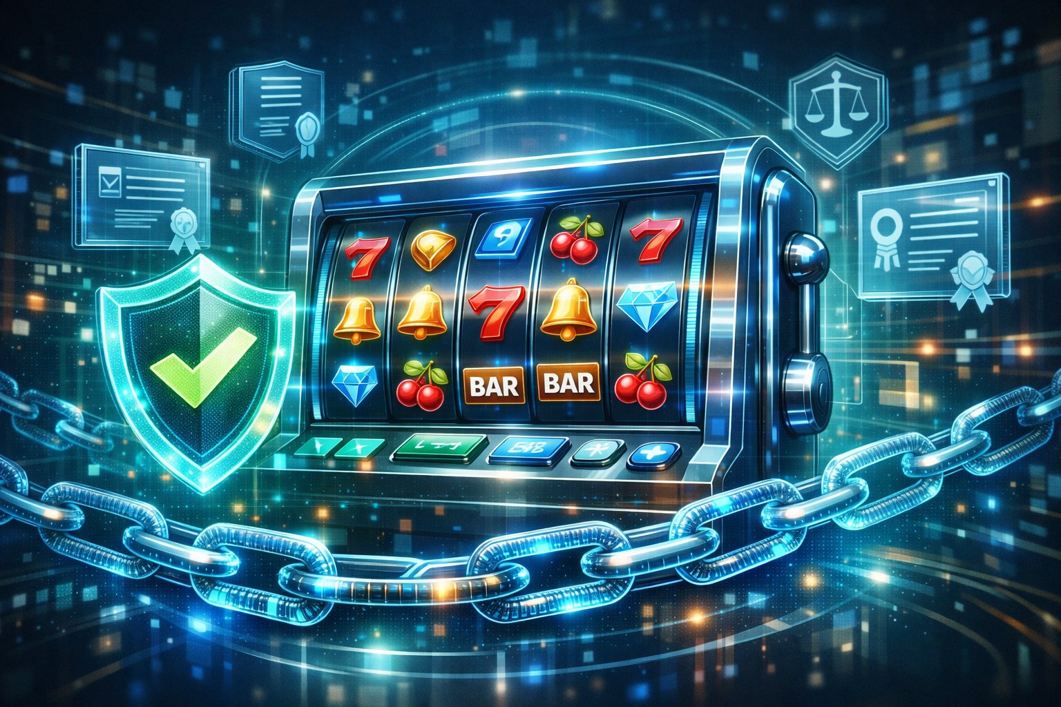 A Futuristic Digital Slot Machine Surrounded By Holographic Symbols Of Security, Licensing, And Fairness In An Online Casino Setting.