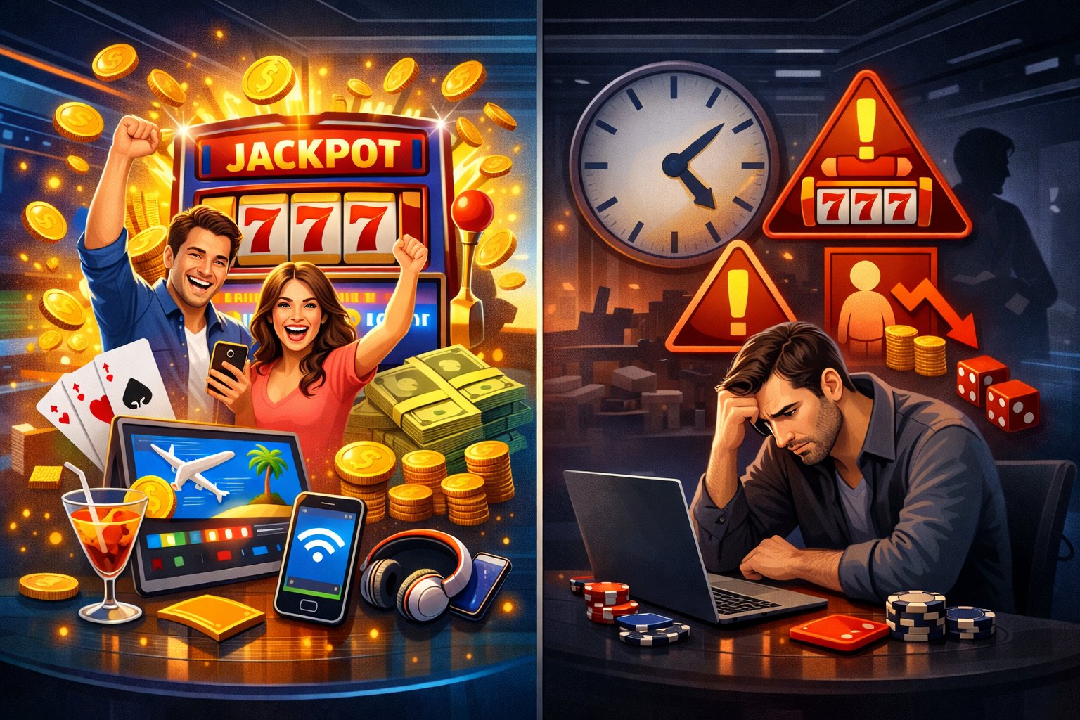 A Split Scene Showing Happy Players And Winning Slot Machines On One Side, And Concerned Players With Warning Symbols On The Other, Representing The Advantages And Disadvantages Of Online Slots.