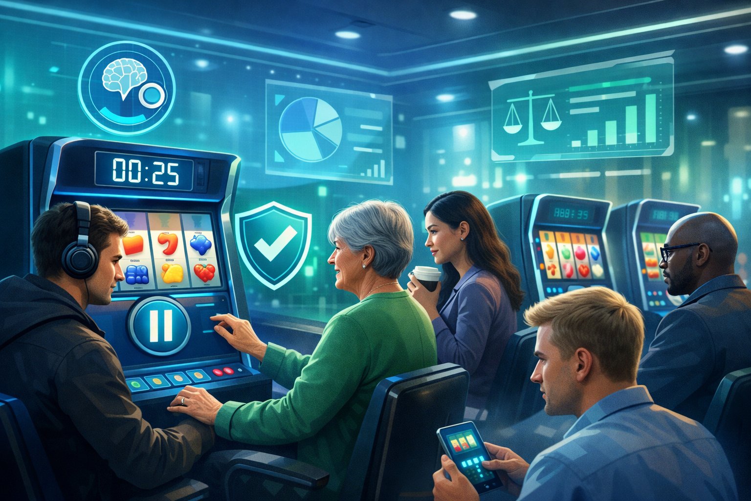 People Playing Online Slot Machines In A Modern Gaming Lounge With Visual Cues Promoting Responsible And Balanced Gaming.