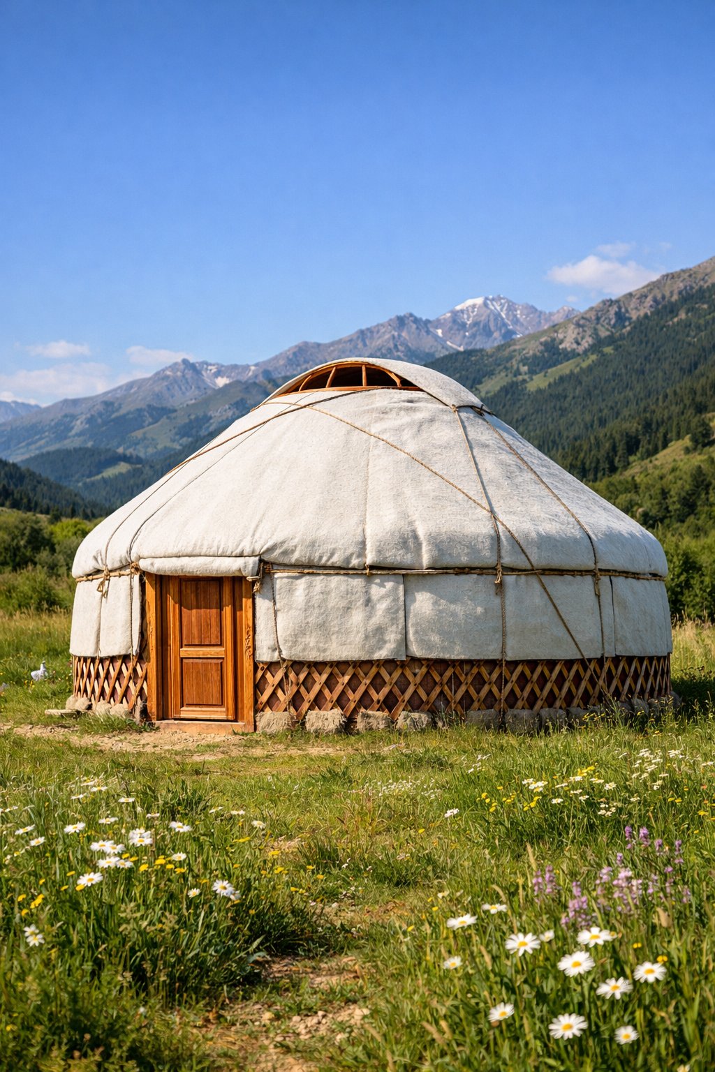Yurt: Architecture, History, Sustainability, Materials And Typical Prices Explained Clearly 1 A traditional yurt standing in a grassy area with hills in the background under a clear sky.