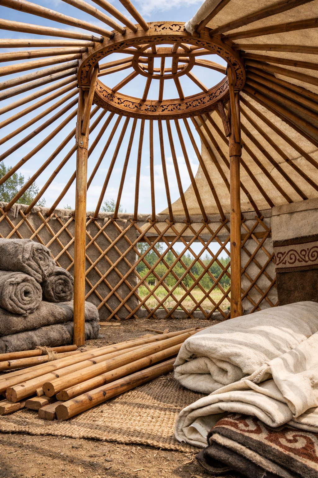 Yurt: Architecture, History, Sustainability, Materials And Typical Prices Explained Clearly 3 A traditional circular yurt with its wooden frame and roof structure visible, set outdoors surrounded by natural materials.