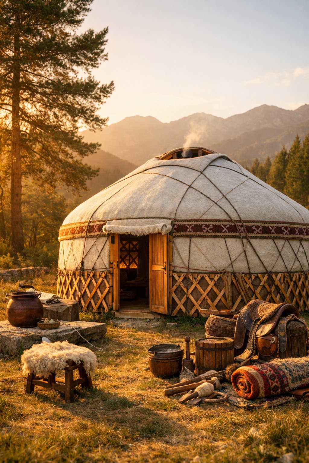 Yurt: Architecture, History, Sustainability, Materials And Typical Prices Explained Clearly 6 A traditional yurt standing in a natural landscape with hills and trees in the background during sunset.