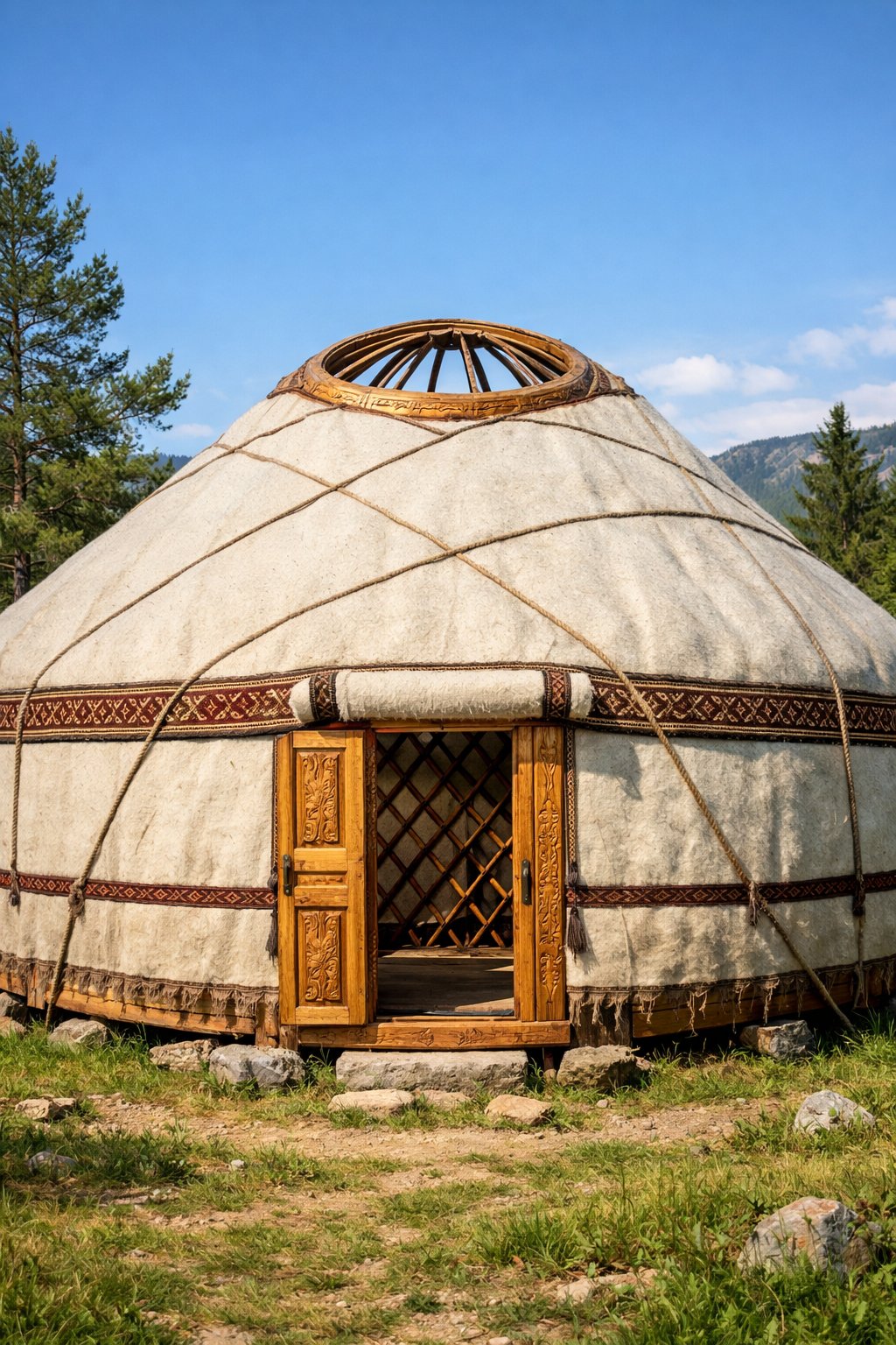 Yurt: Architecture, History, Sustainability, Materials And Typical Prices Explained Clearly 7 A traditional yurt made of wooden lattice and fabric covering set in a natural outdoor environment with grass and trees.