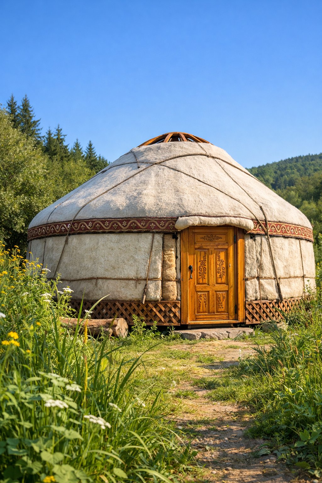Yurt: Architecture, History, Sustainability, Materials And Typical Prices Explained Clearly 8 A traditional yurt made of natural materials standing in a green landscape with plants and hills under a clear sky.