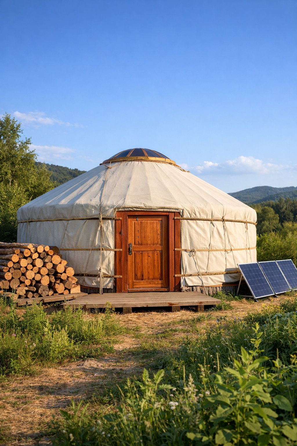 Yurt: Architecture, History, Sustainability, Materials And Typical Prices Explained Clearly 10 A traditional circular yurt made of wood and fabric set in a natural landscape with hills and clear sky.