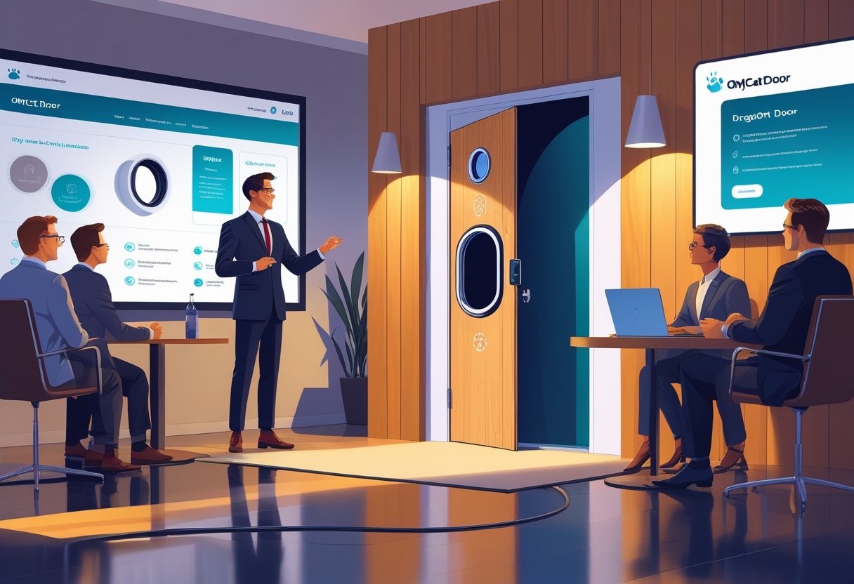 An entrepreneur presenting a modern cat door to a panel of investors in a business pitch setting.