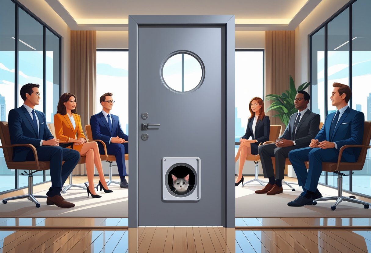 A modern front door with an integrated cat door is presented in a business pitch room with four investors watching attentively.