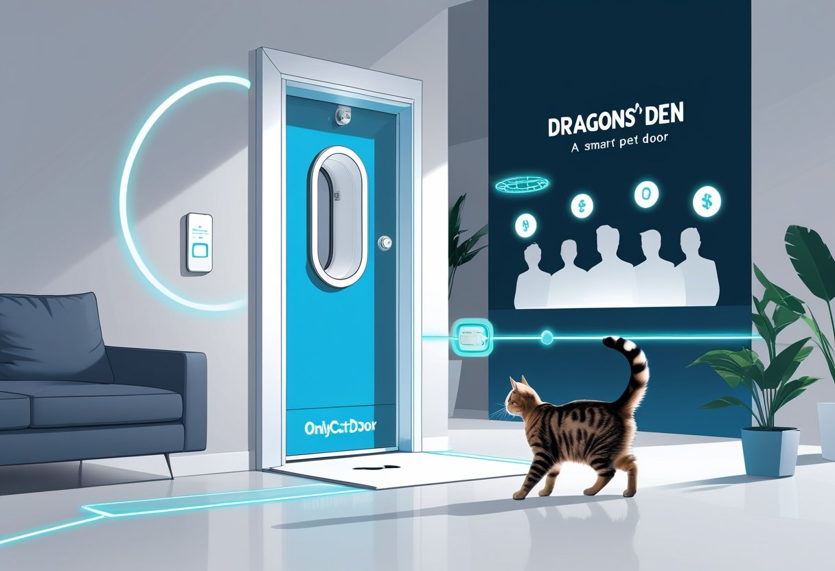 A cat approaches a modern pet door inside a home, with silhouettes of investors watching in the background.