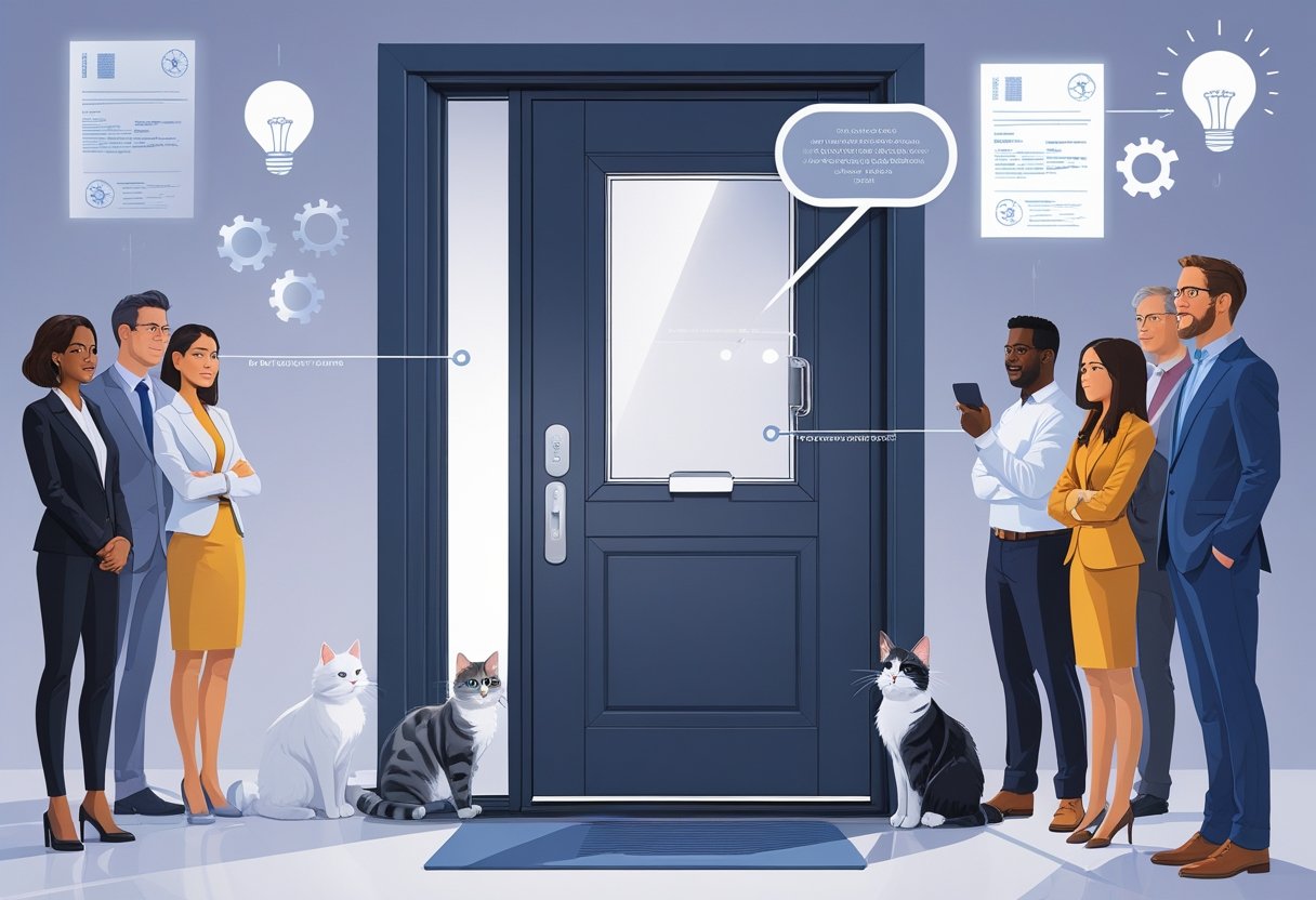 A group of investors attentively examining a modern cat door installed in a home door, with visual elements representing innovation and patents around it.