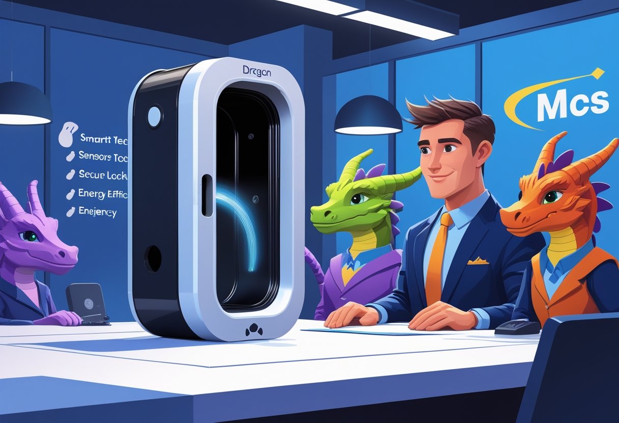 An entrepreneur presenting a high-tech cat door to a panel of investors in a studio setting.