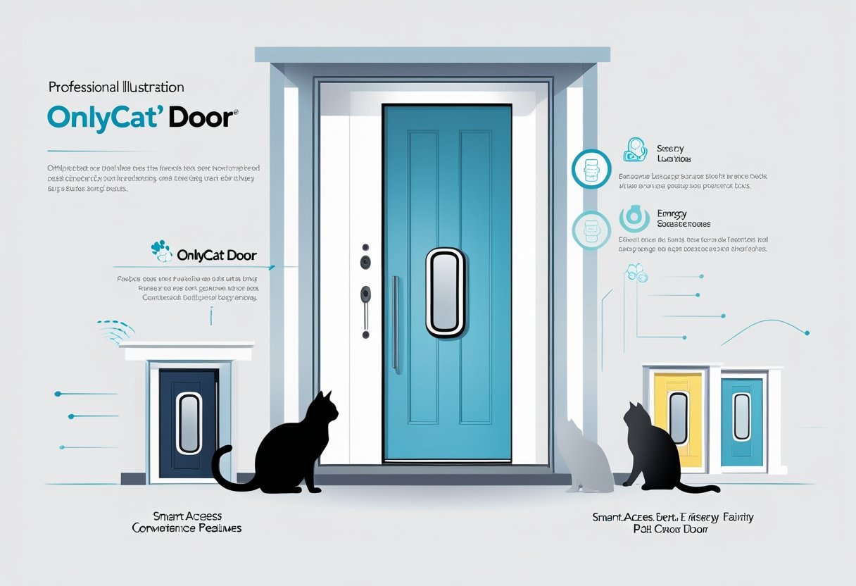 Illustration showing a modern cat door on a home door with smaller, less advanced pet doors around it, highlighting the cat door's superior features.
