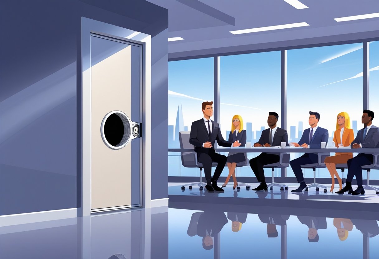 An entrepreneur presenting a modern cat door to a panel of investors in a boardroom with a city skyline visible through large windows.