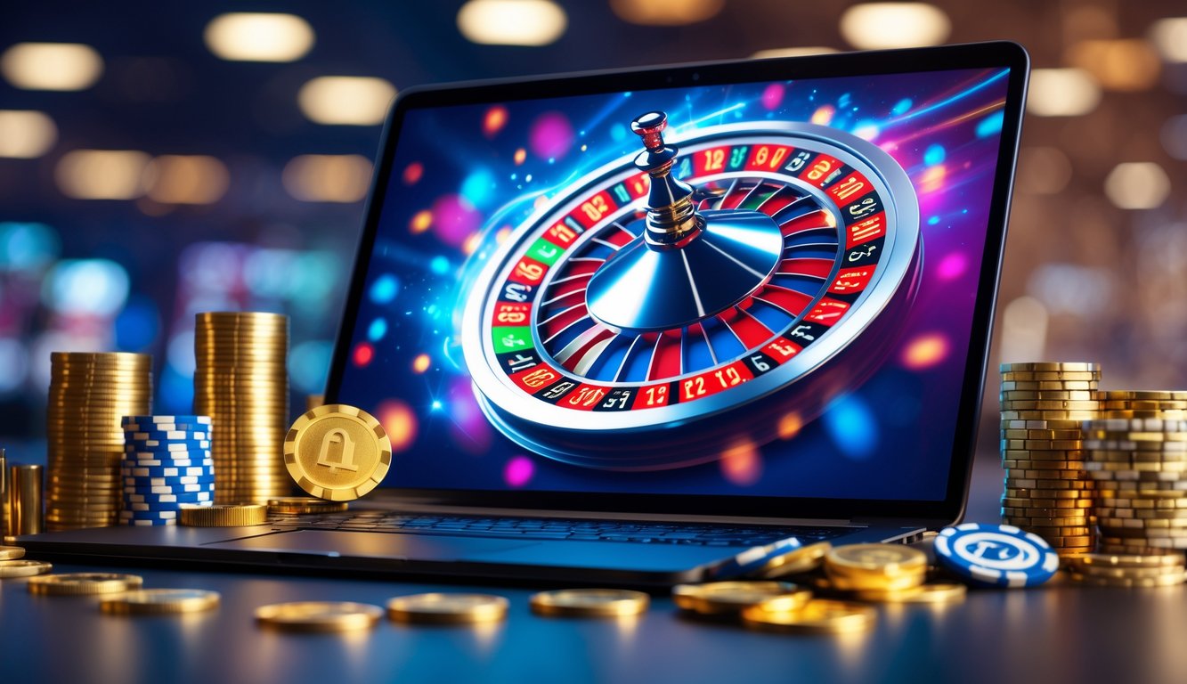 Seseorang bermain roulette online di laptop dengan tampilan roda roulette yang berputar dan tumpukan chip di sekitar.
