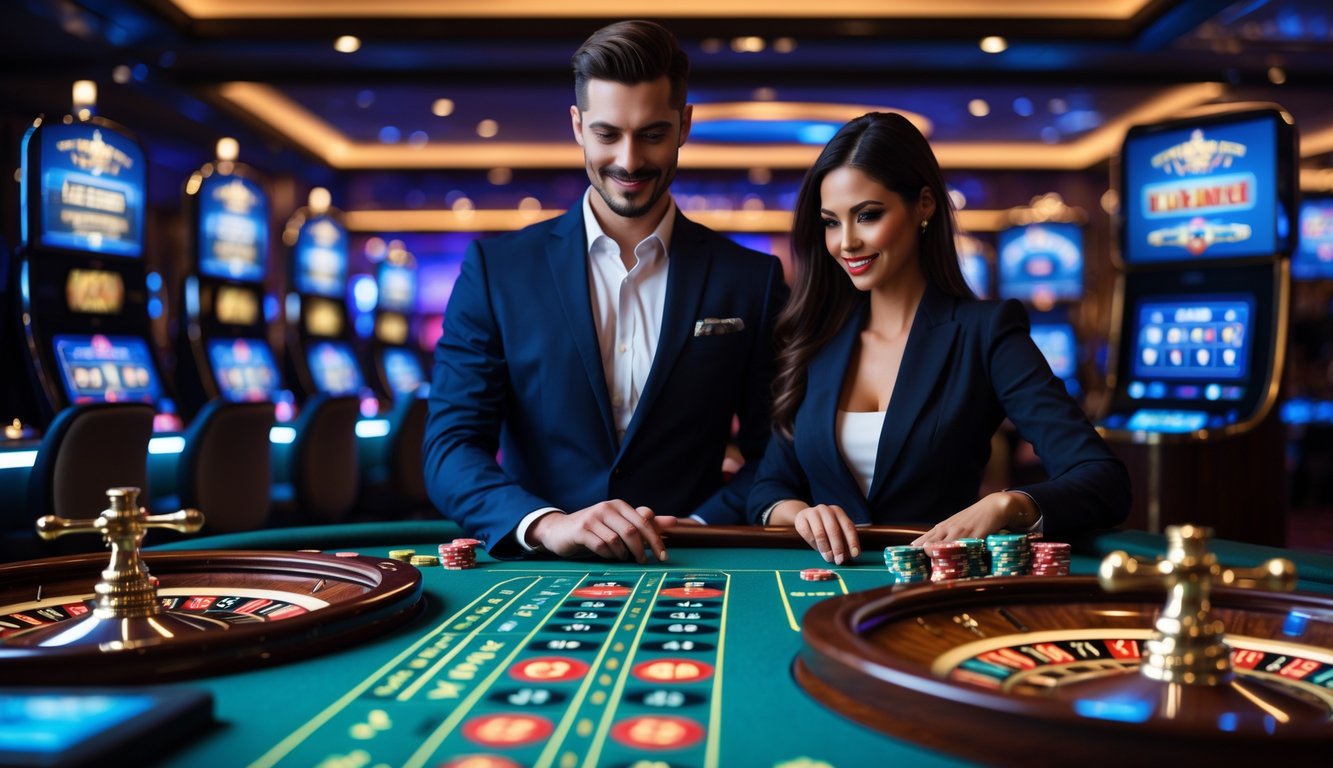 Seorang pria dan wanita bermain roulette digital di kasino modern dengan suasana penuh semangat dan lampu latar yang hangat.