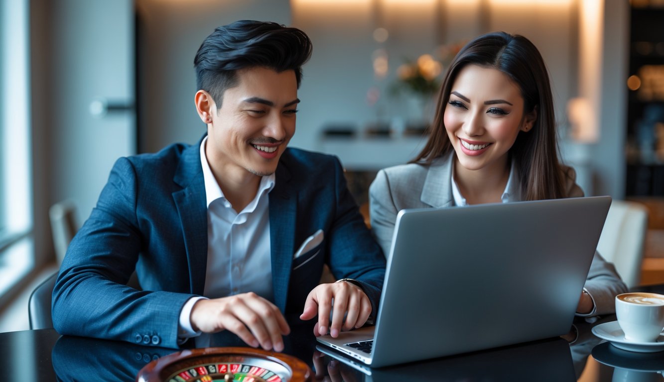 Dua orang muda bermain roulette online di laptop di meja modern dalam ruangan yang nyaman.