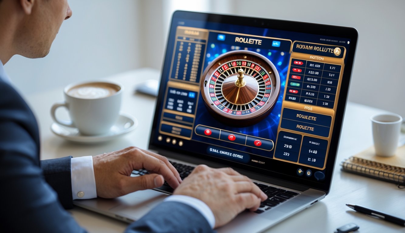 Seorang profesional sedang melihat layar komputer yang menampilkan permainan roulette instan dengan latar belakang ruangan yang rapi dan tenang.