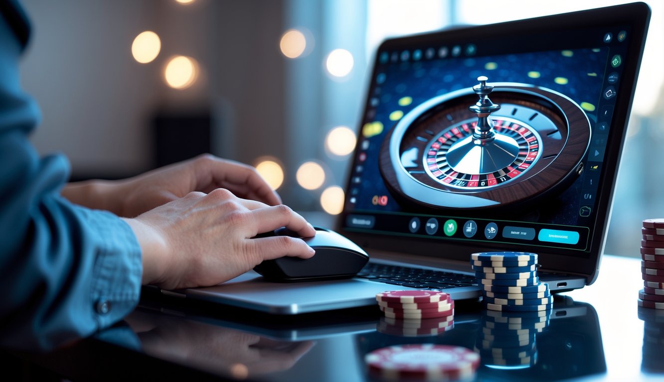 Seseorang sedang bermain roulette online di laptop dengan meja roulette virtual dan tumpukan chip di meja.