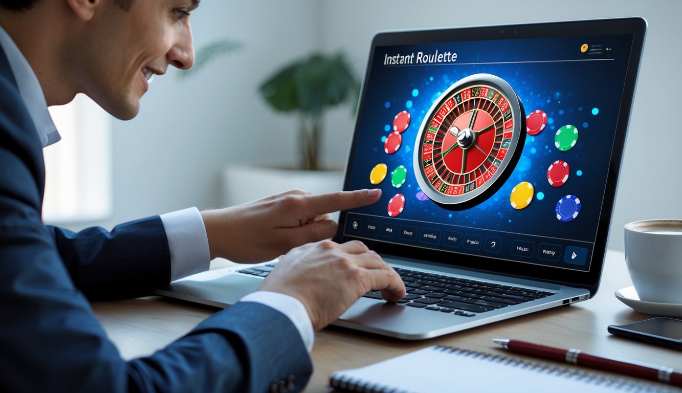 Seseorang sedang menggunakan laptop dengan tampilan roda roulette virtual dan chip warna-warni di layar, di dalam ruangan yang rapi dan terang.