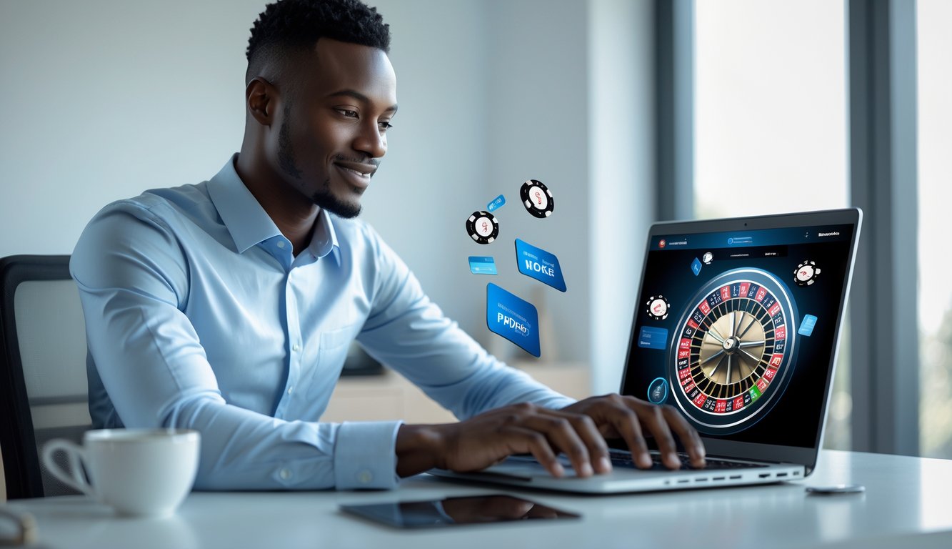 Seseorang menggunakan laptop di ruang kerja modern dengan gambar roda roulette dan ikon pembayaran digital di layar.