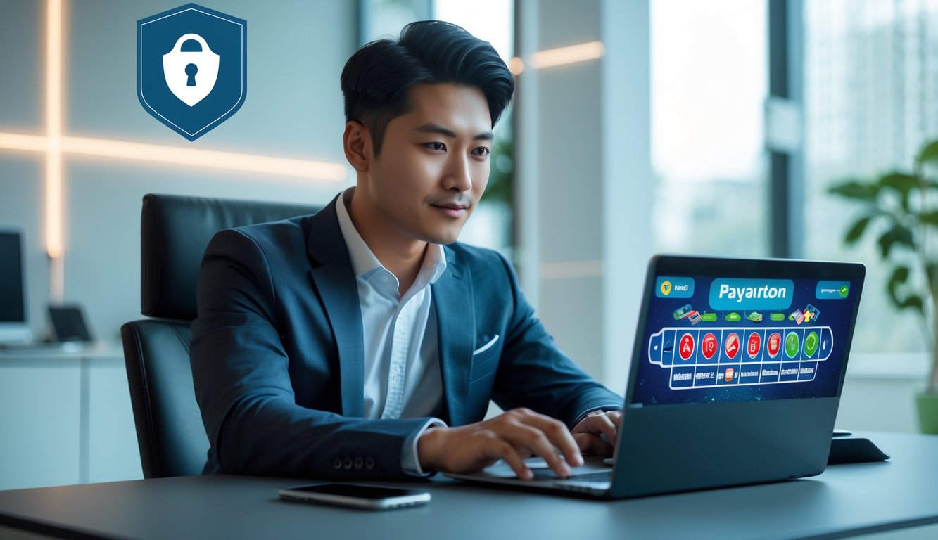 Seorang pria Asia duduk di meja modern menggunakan laptop dengan tampilan permainan roulette dan latar belakang yang menunjukkan simbol keamanan dan pembayaran cepat.