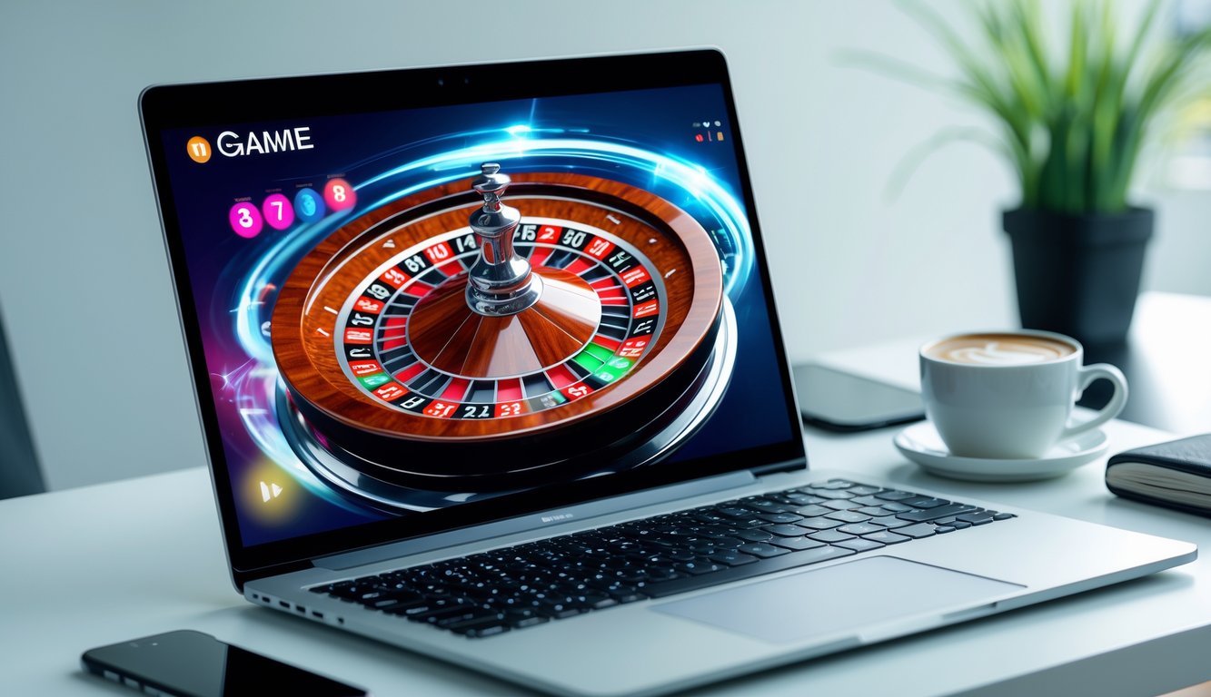 Seorang pengguna bermain roulette online di laptop dengan tampilan roda roulette yang berputar di layar, di atas meja kerja bersih dengan beberapa alat tulis dan cangkir kopi.