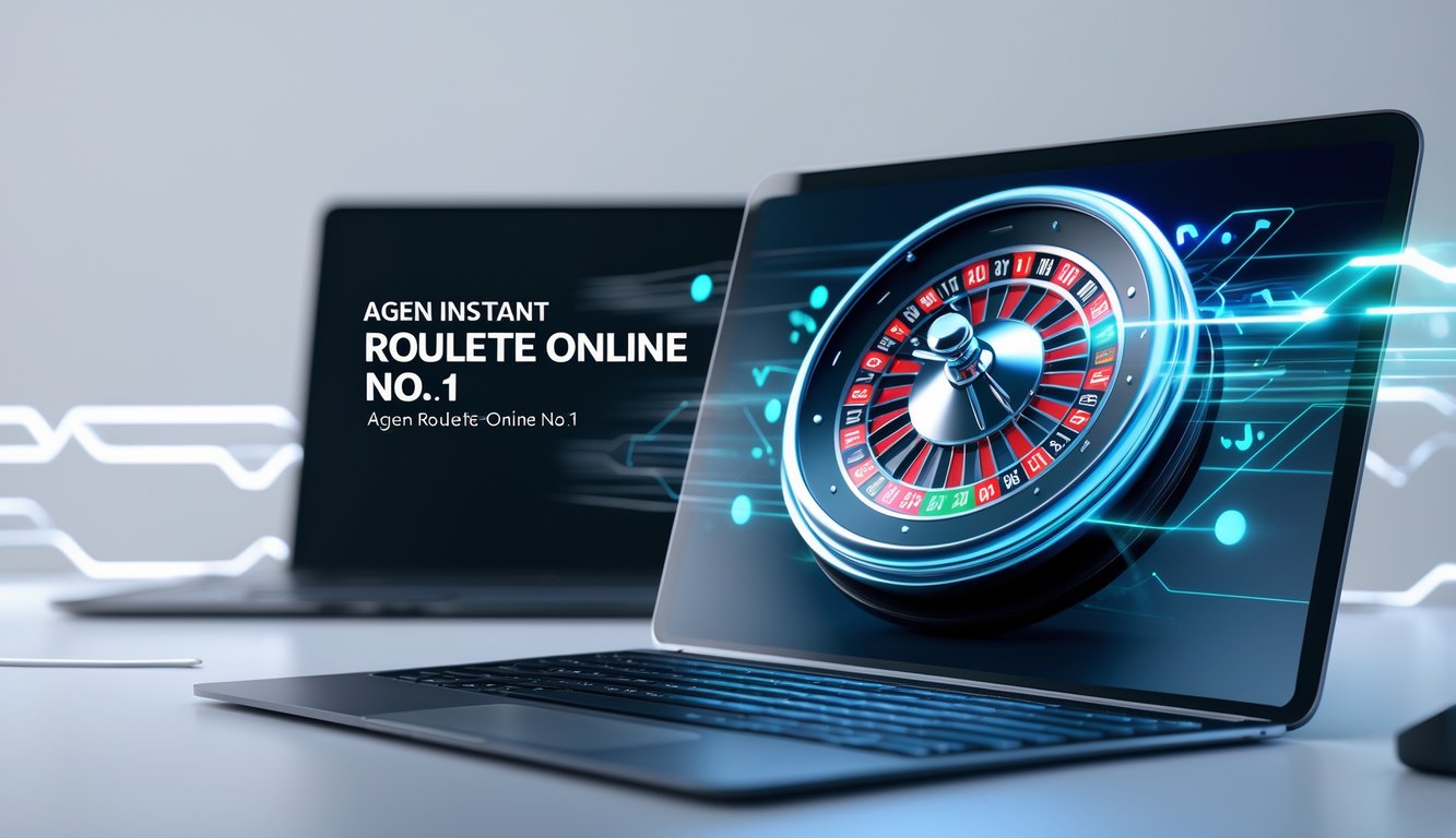 Layar perangkat digital menampilkan permainan roulette online dengan roda roulette yang berputar cepat dan latar belakang minimalis.