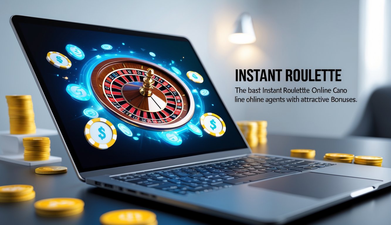 Seseorang menggunakan laptop dengan tampilan roda roulette digital yang berputar, dikelilingi oleh koin dan chip digital sebagai simbol bonus.