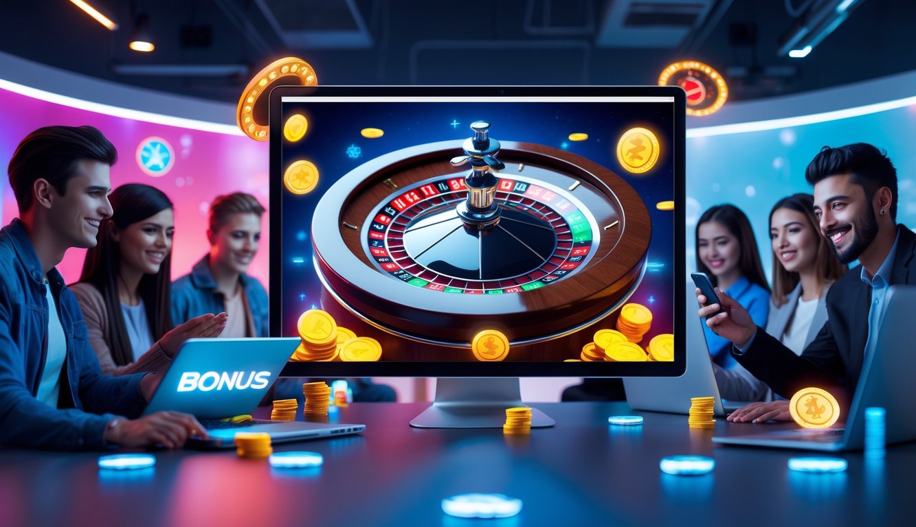 Beberapa orang muda sedang bermain roulette online dengan komputer dan ponsel di ruangan modern yang terang.