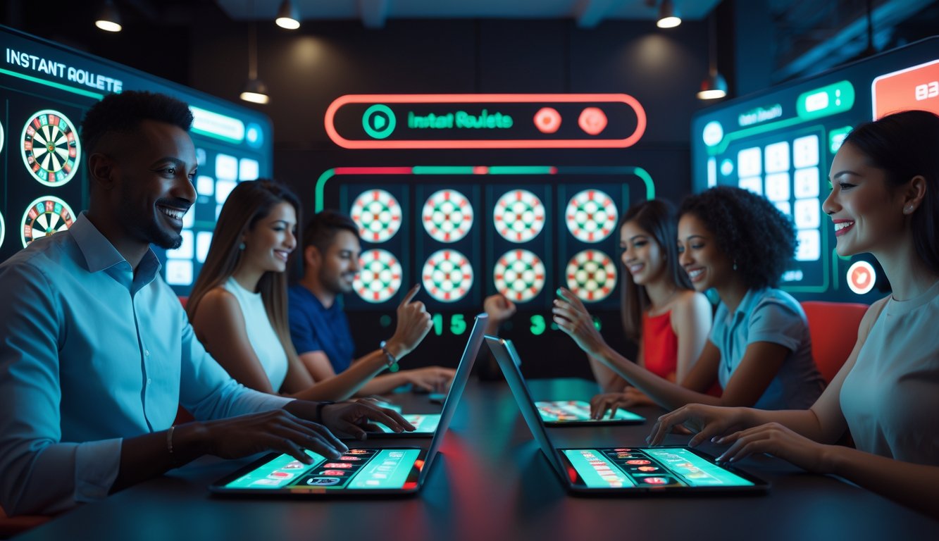 Beberapa orang bermain roulette online menggunakan berbagai perangkat digital dalam ruangan modern yang terang dan futuristik.