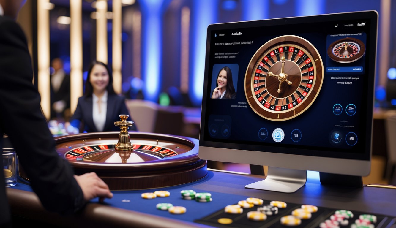 Seorang dealer langsung sedang memandu permainan roulette online di layar komputer dengan latar belakang kasino yang elegan.