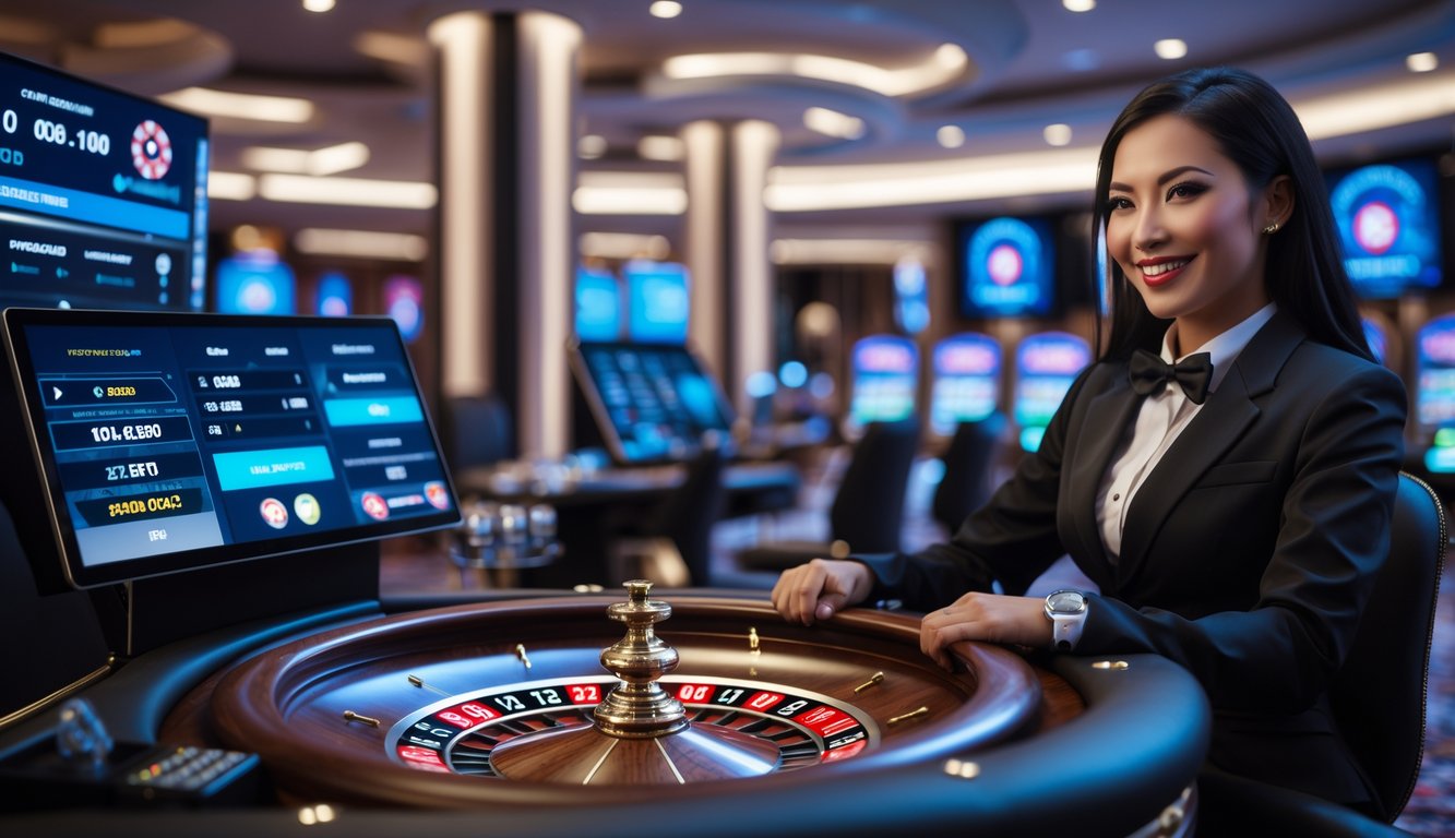 Seorang dealer wanita yang tersenyum duduk di meja roulette dengan roda roulette yang berputar dan layar digital menampilkan opsi taruhan dan konfirmasi pembayaran.